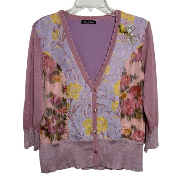 Michael Simon Silk Blend Floral Beaded Bird Cardigan Sweater Size XL Pink Purple - Picture 7 of 7